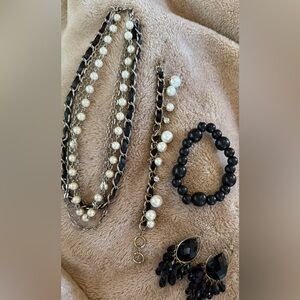 Pearl and Black Bead Layered Necklace Set - Necklace, 2 bracelets and earrings